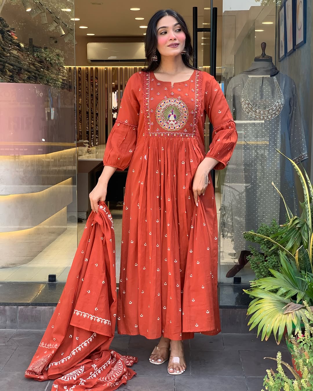 Rust Peacock Embroidered Anarkali Set