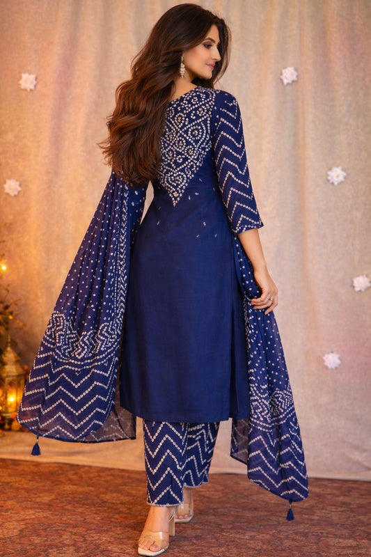 Navy Blue Bandhani Printed Kurta Set with Dupatta