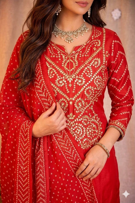 Rust Orange Cotton Bandhani Kurta Set with Dupatta for Women