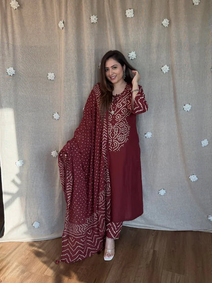 Maroon Bandhani Embroidery & Dupatta Set