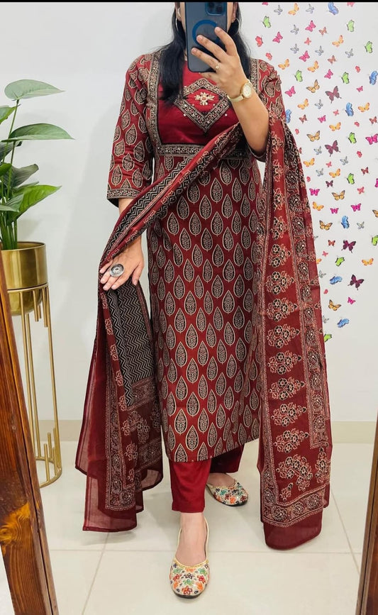 Cotton sequence embroided Printed 3pc set