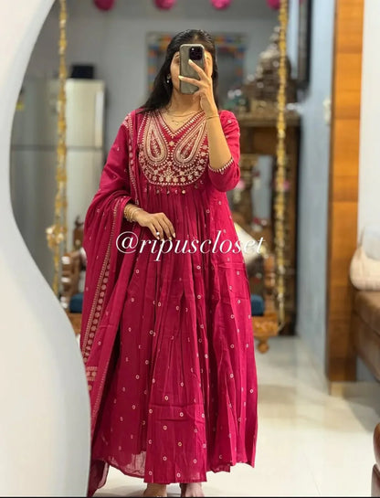 Stylish Cotton Embroidery Work Anarkali Kurta Set with Dupatta