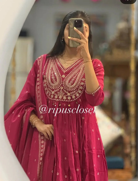 Stylish Cotton Embroidery Work Anarkali Kurta Set with Dupatta