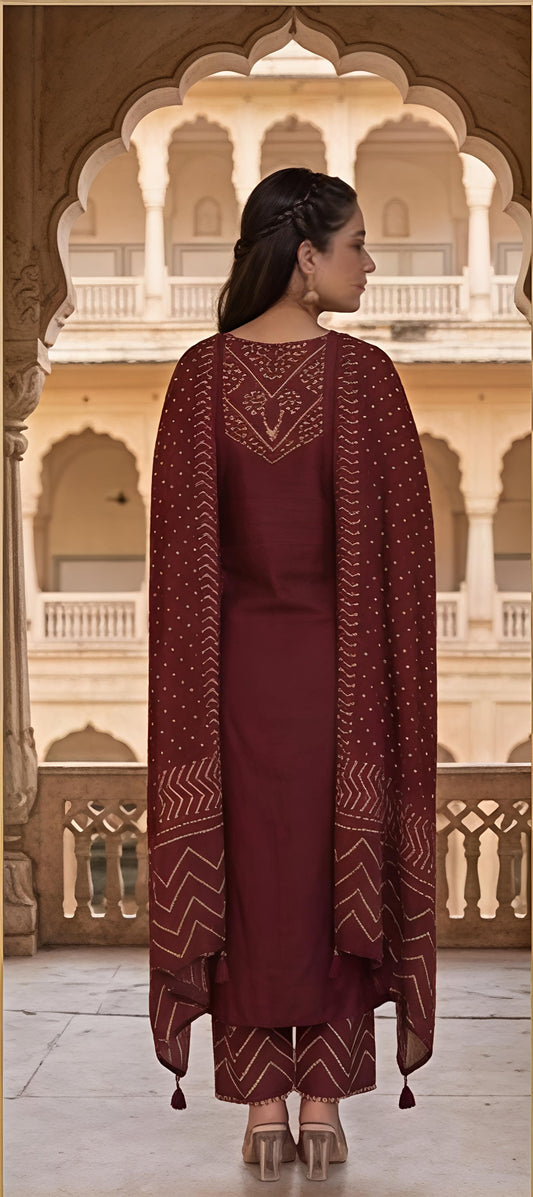 Maroon Bandhani Embroidery & Dupatta Set