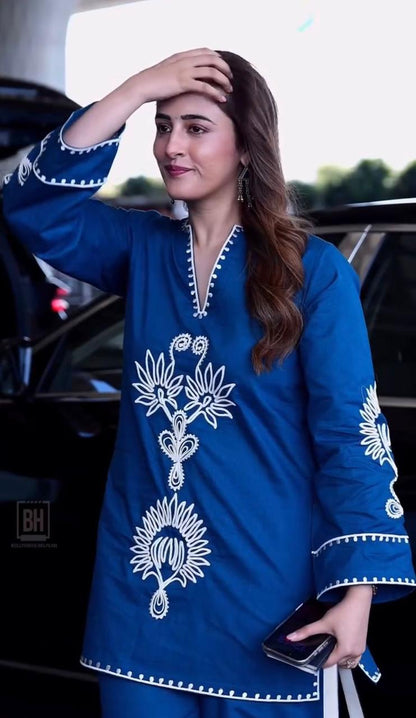 Blue Embroidered Ethnic Kurta Pant Set for Women