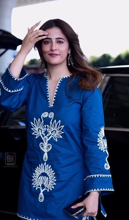 Blue Embroidered Ethnic Kurta Pant Set for Women