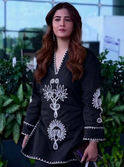 Black Cotton Embroidered Kurta Pant Set for Women