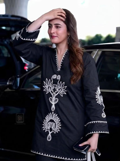 Black Cotton Embroidered Kurta Pant Set for Women