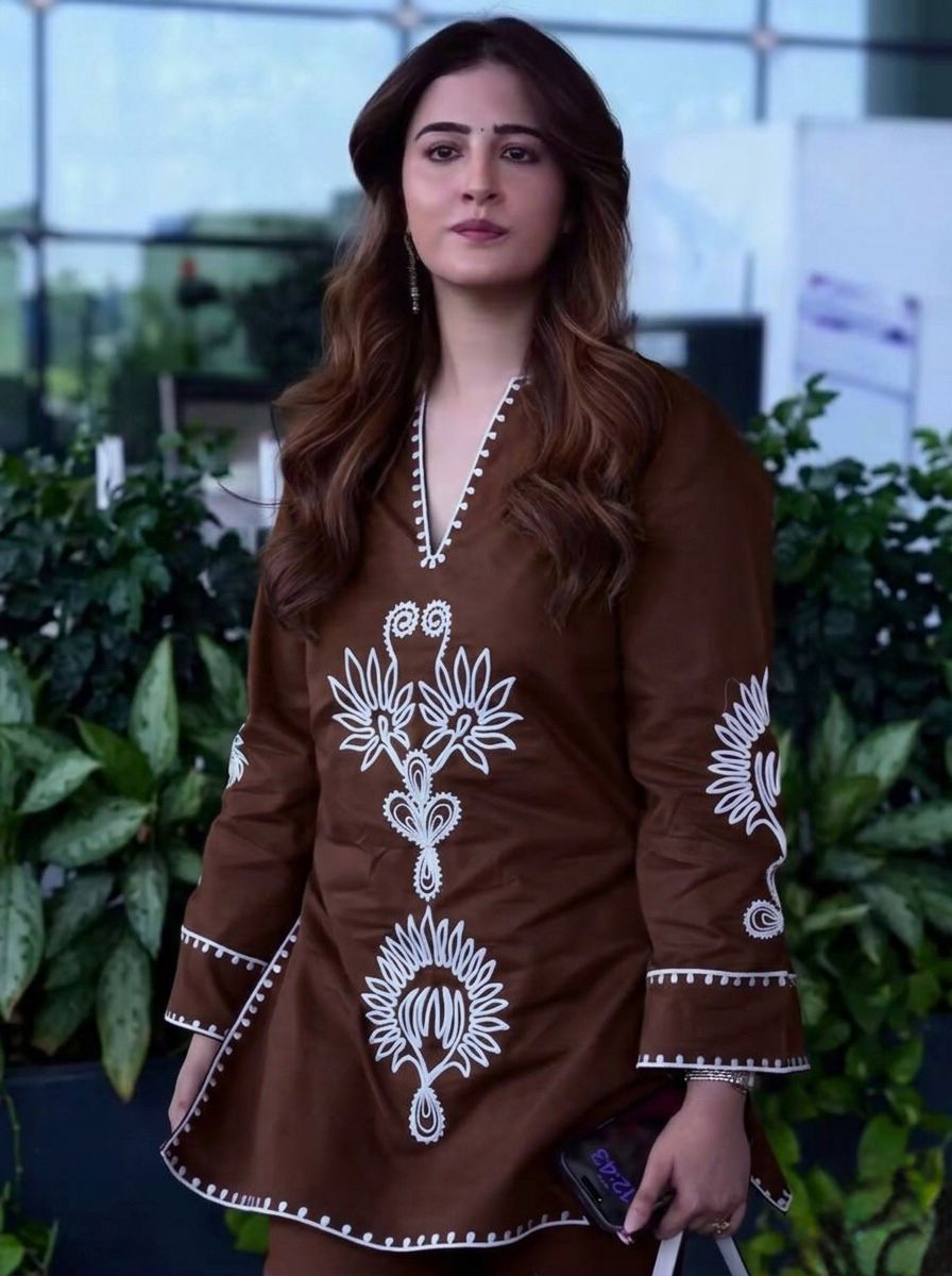Brown Cotton Embroidered Kurta Pant Set for Women