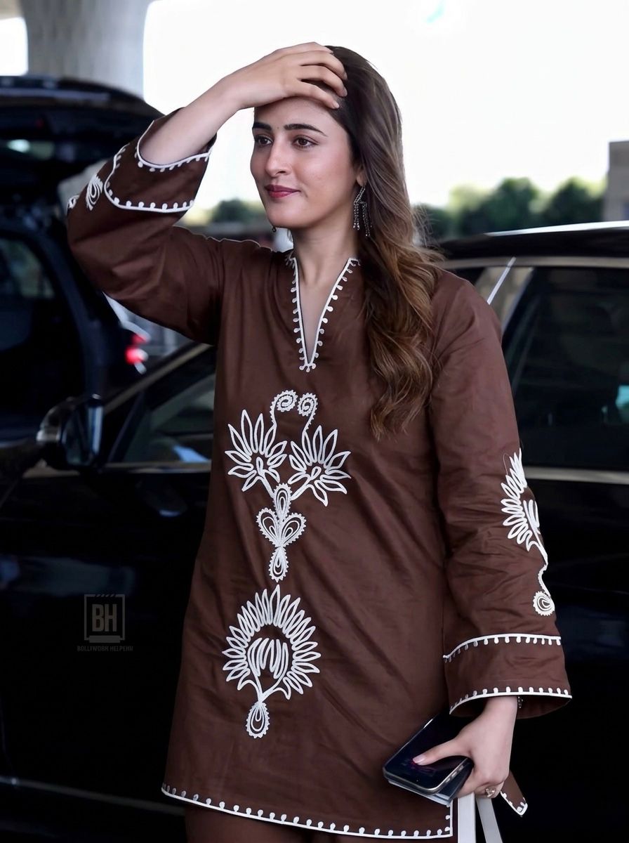 Brown Cotton Embroidered Kurta Pant Set for Women