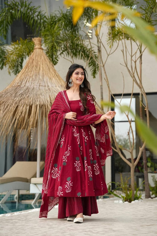 Maroon Cotton Anarkali Set With Dupatta