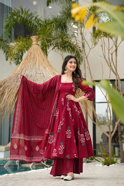 Maroon Cotton Anarkali Set With Dupatta