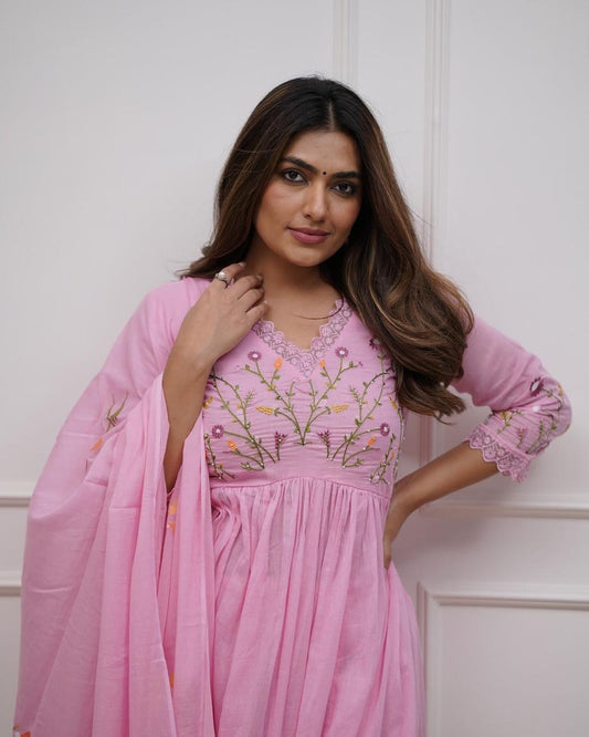 Baby Pink Floral Embroidered Cotton Anarkali set