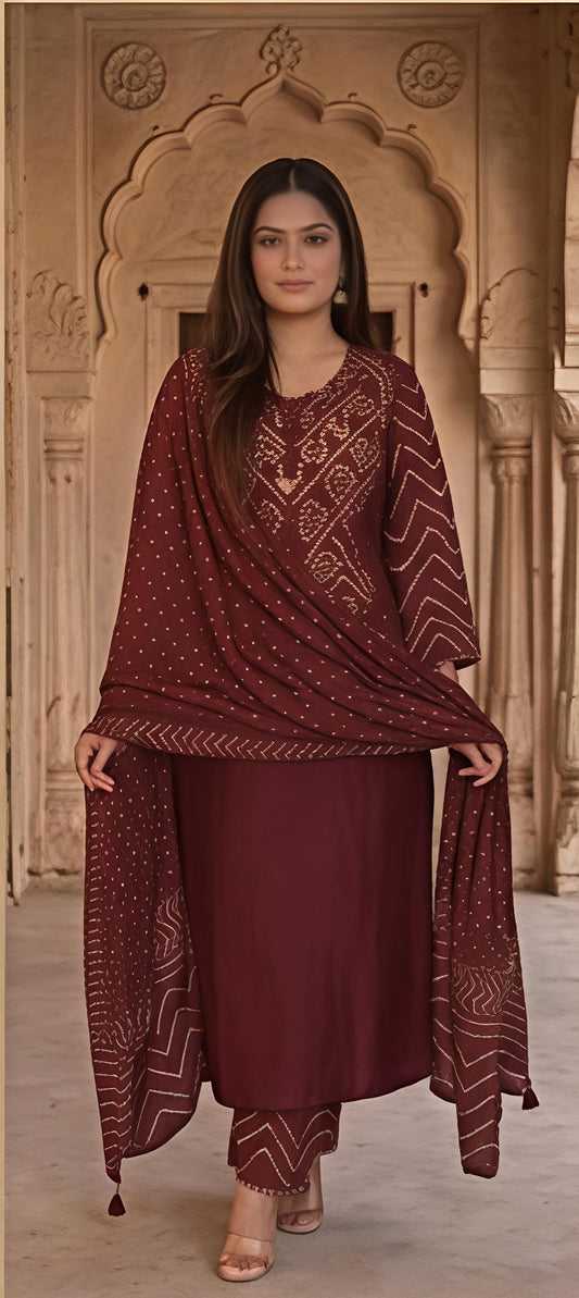 Maroon Bandhani Embroidery & Dupatta Set
