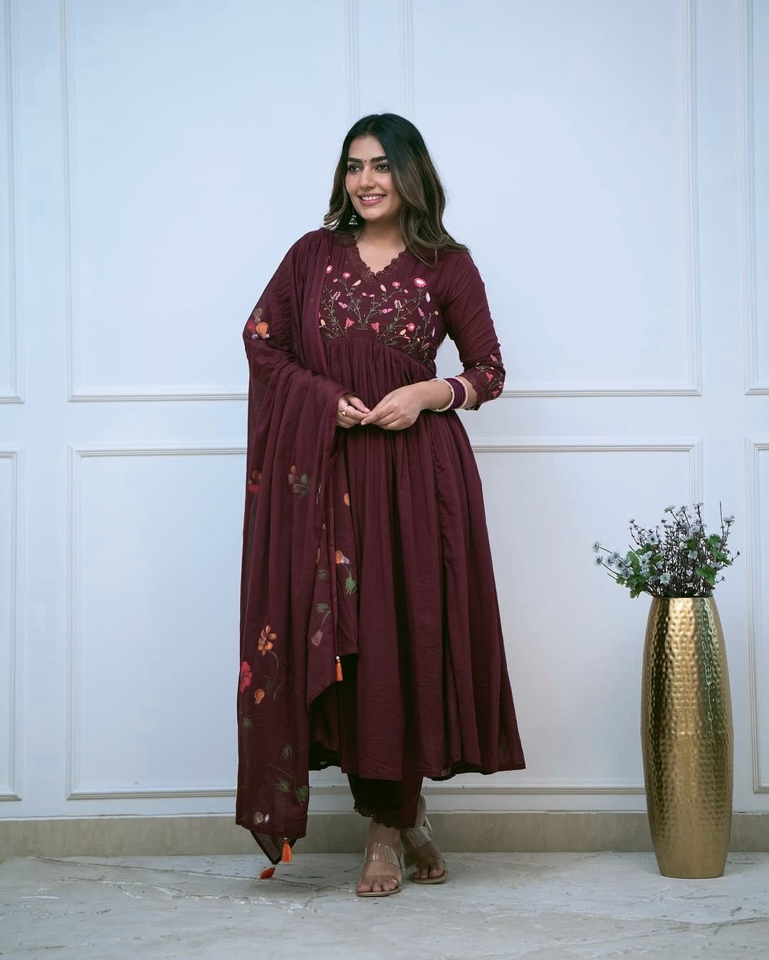 Marroon Elegant Embroidered Anarkali kurta set with dupatta