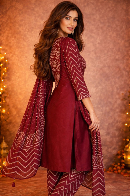 Maroon Bandhani Embroidery & Dupatta Set