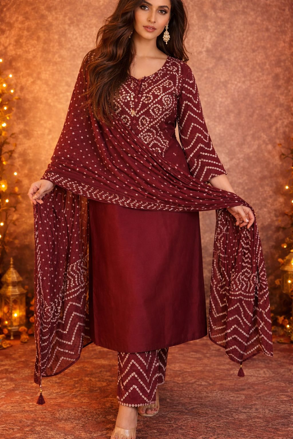Maroon Bandhani Embroidery & Dupatta Set
