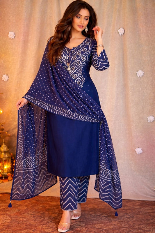 Navy Blue Bandhani Printed Kurta Set with Dupatta