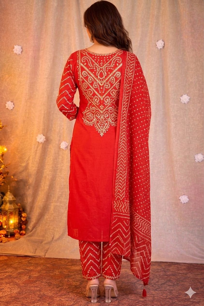 Rust Orange Cotton Bandhani Kurta Set with Dupatta for Women