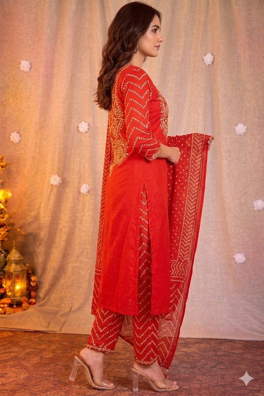 Rust Orange Cotton Bandhani Kurta Set with Dupatta for Women