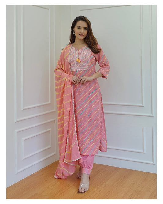 Blush Pink Leheriya Rayon Kurta Set With Dupatta
