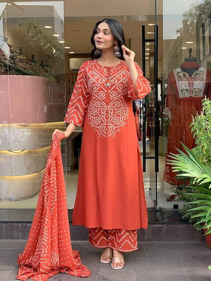 Rust Orange Cotton Bandhani Kurta Set with Dupatta for Women