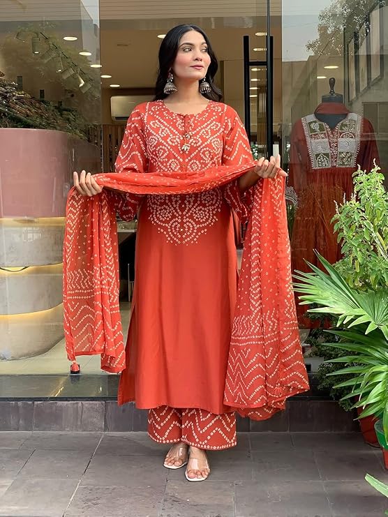Rust Orange Cotton Bandhani Kurta Set with Dupatta for Women