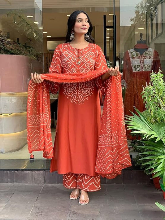 Rust Orange Cotton Bandhani Kurta Set with Dupatta for Women