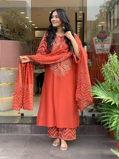 Rust Orange Cotton Bandhani Kurta Set with Dupatta for Women