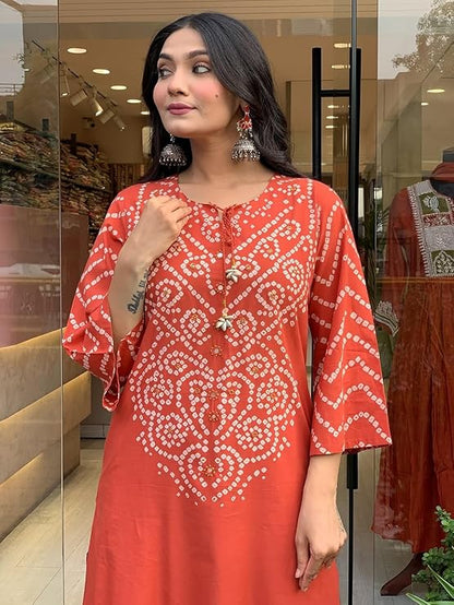 Rust Orange Cotton Bandhani Kurta Set with Dupatta for Women