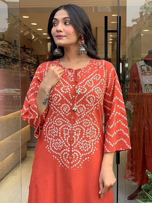 Rust Orange Cotton Bandhani Kurta Set with Dupatta for Women