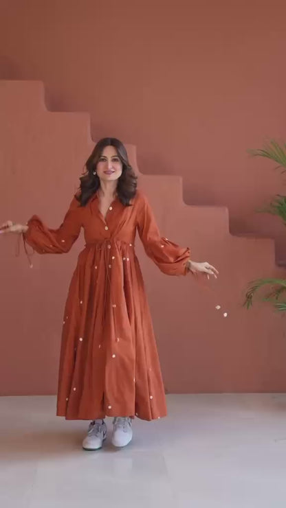 Summer Orange Flared Cotton Midi Dress